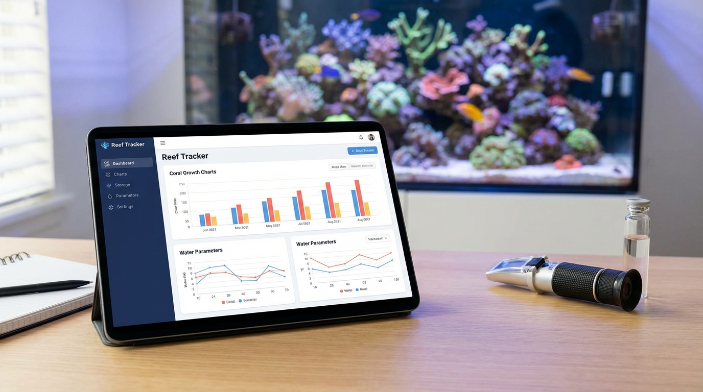 ReefBay mobile app interface showing reef tank tracking features