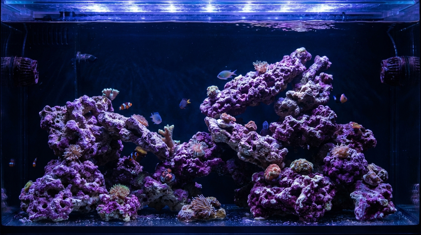 Porous live rock covered with purple coralline algae in a reef aquarium