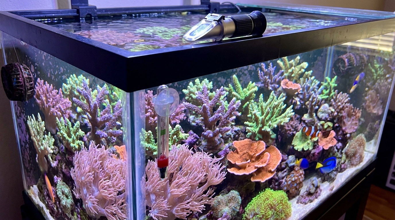 Reef aquarium with thermometer and water testing gear for beginners learning tank parameters