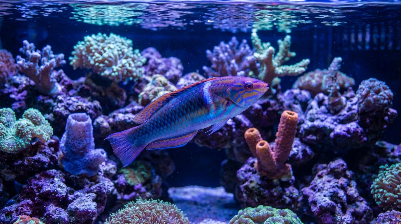 Colorful fairy wrasse fish swimming in a reef aquarium with coral background