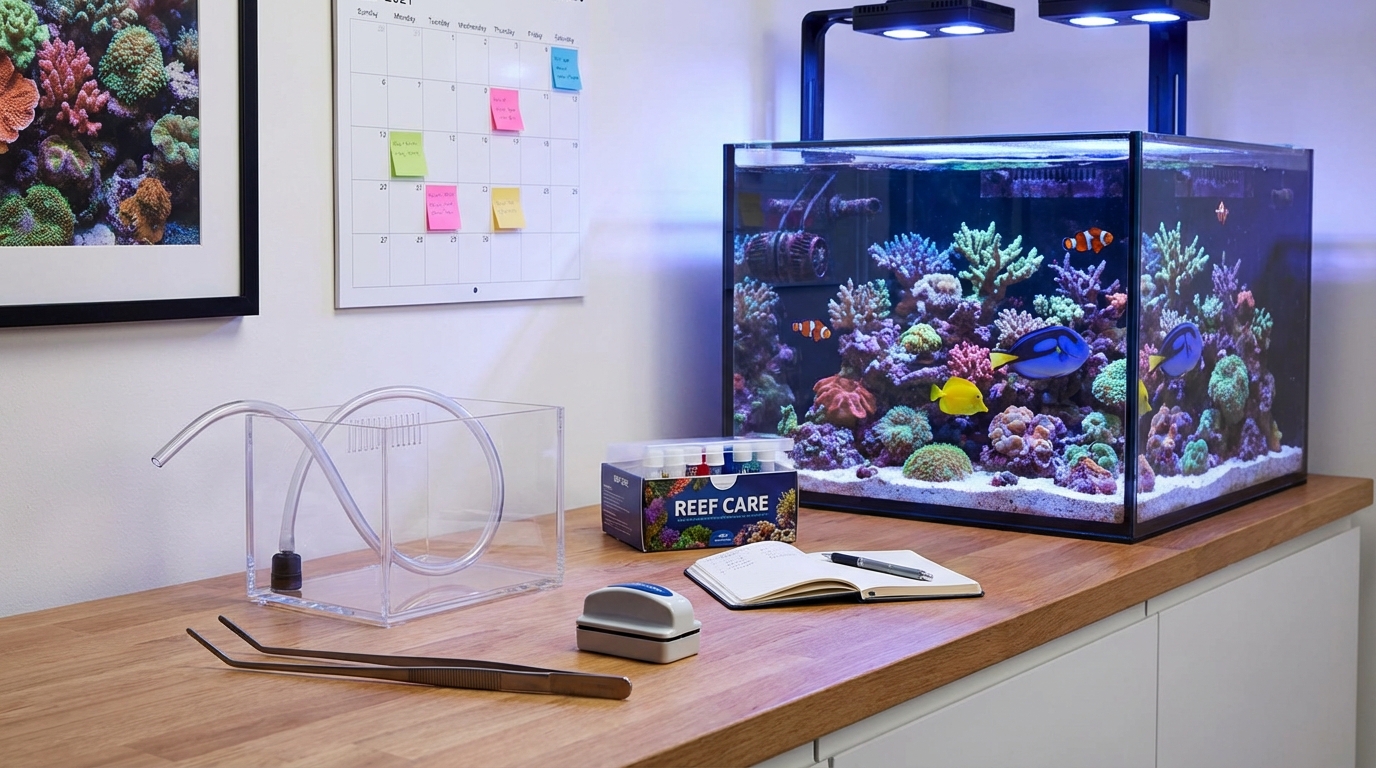 Well-maintained reef tank with healthy corals and fish illustrating proper aquarium maintenance