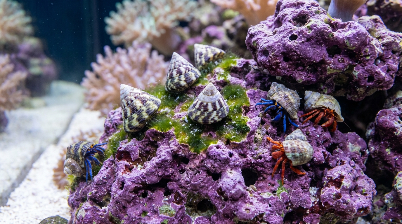 Reef tank clean up crew with trochus snails and hermit crabs on live rock