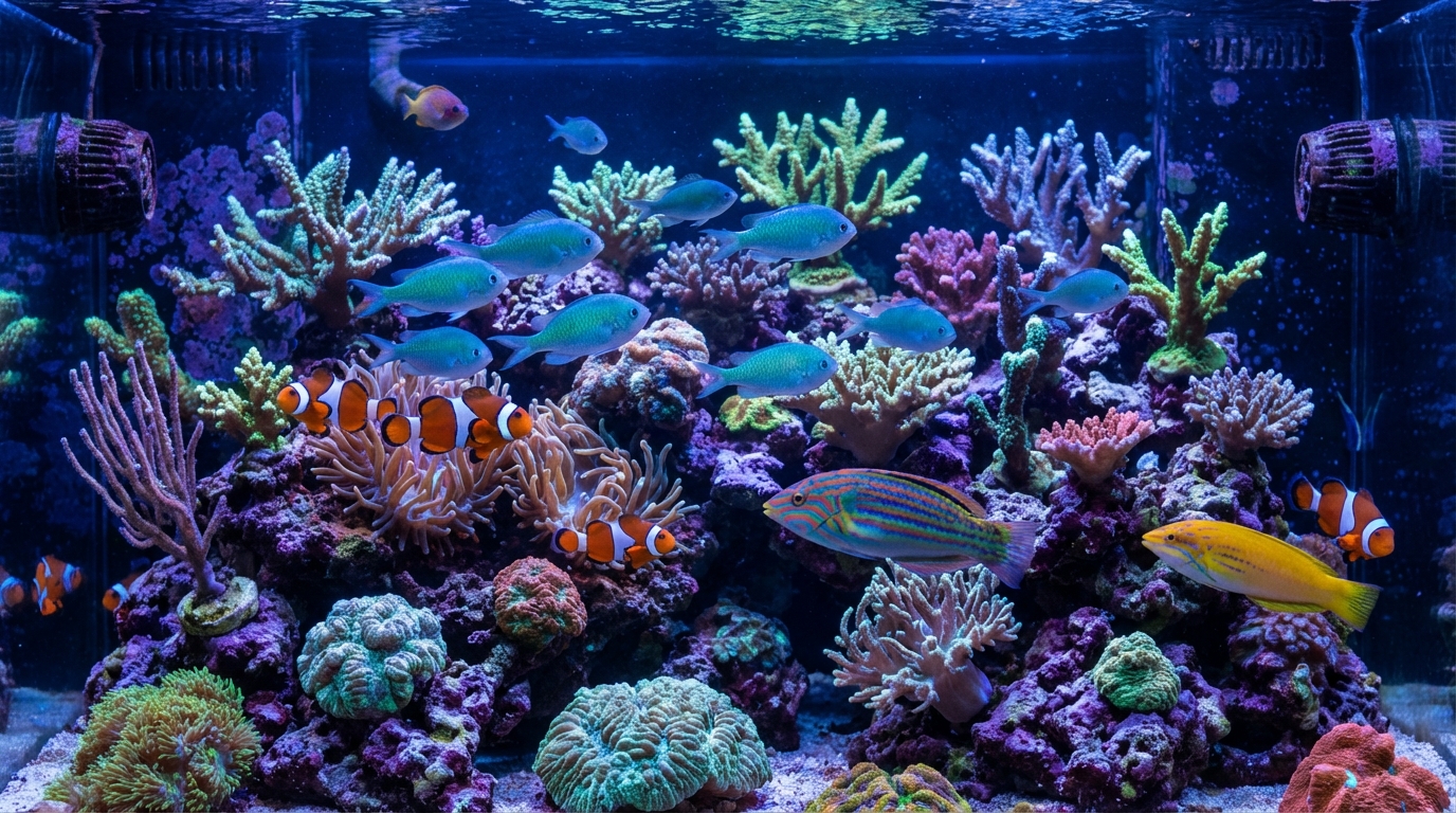 Colorful reef tank with variety of tropical fish including clownfish and chromis swimming together