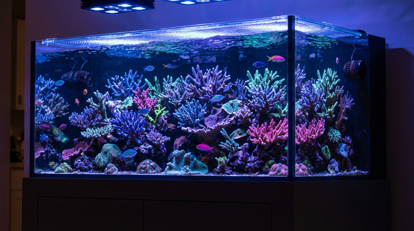 Colorful SPS coral reef tank with Acropora and Montipora corals thriving in strong water flow