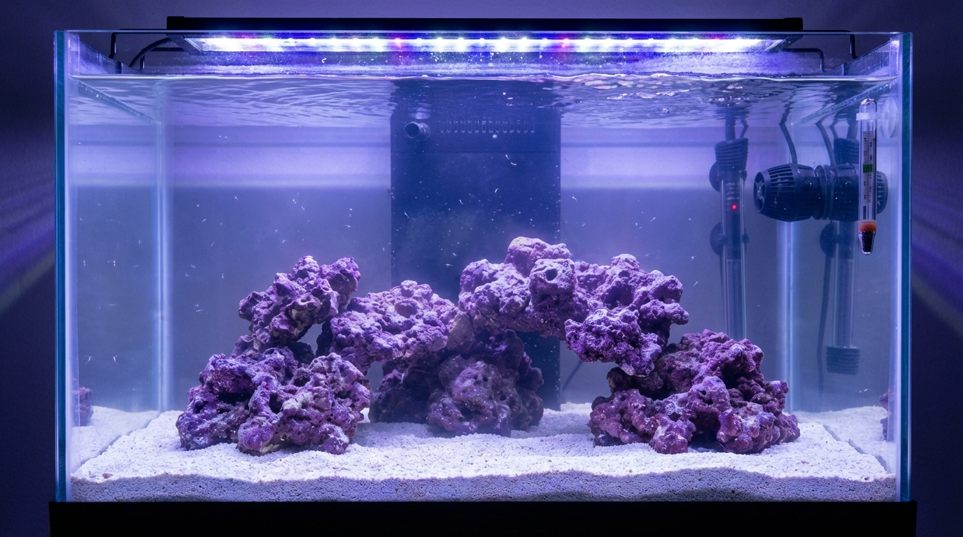 Reef aquarium cycling with live rock and sand establishing beneficial bacteria for the nitrogen cycle