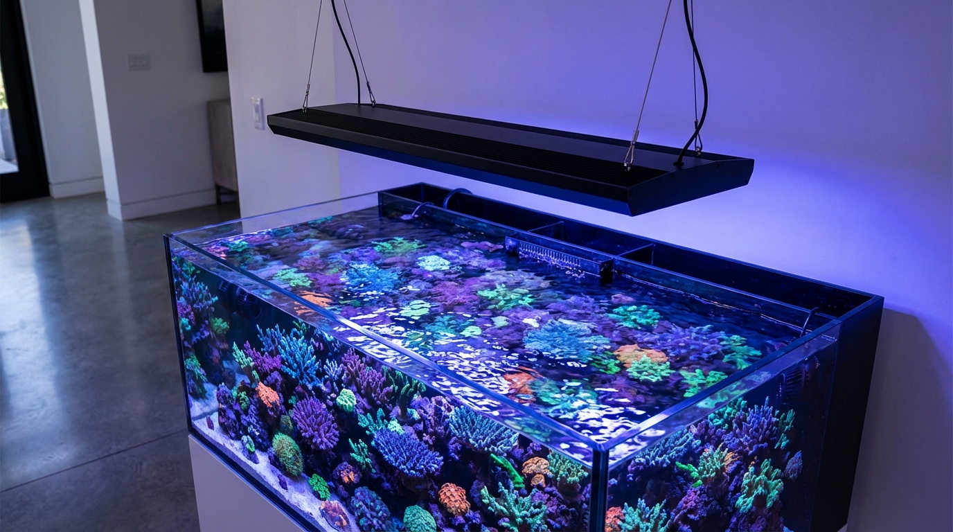 Modern LED light fixture illuminating a reef aquarium with colorful corals under blue lighting