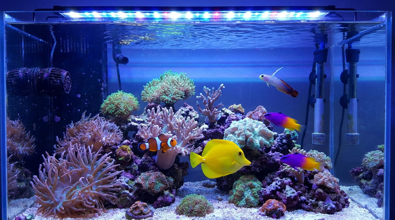 Colorful reef aquarium with clownfish and compatible tank mates