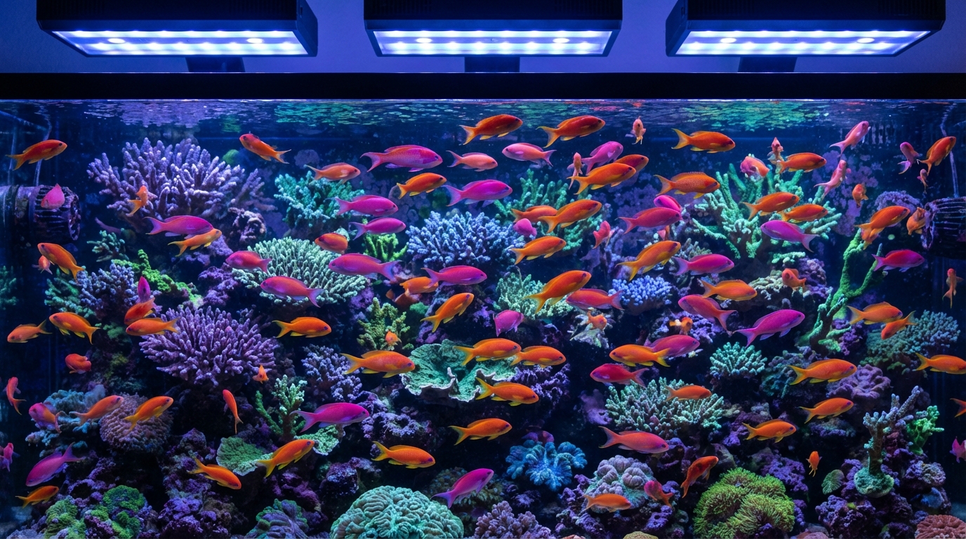 School of colorful lyretail anthias fish swimming in a reef aquarium with coral background