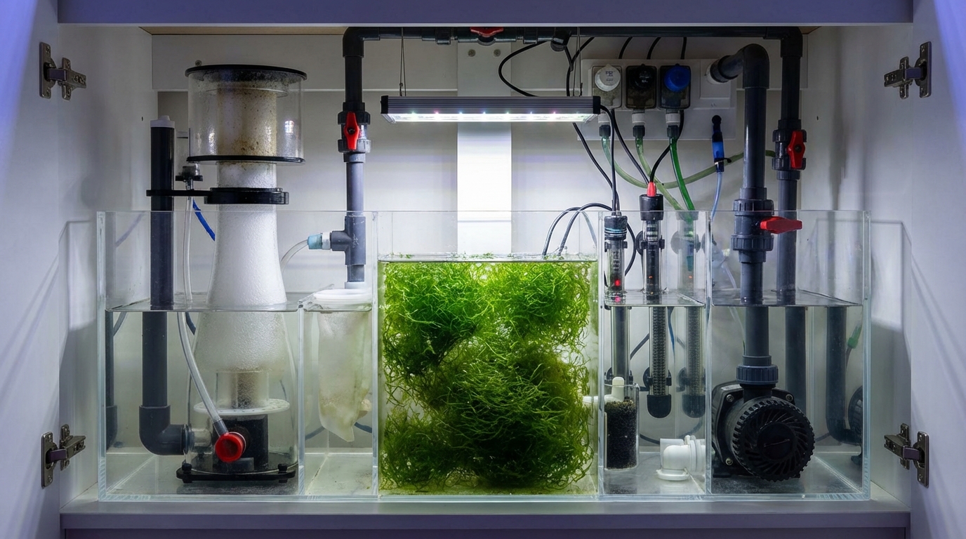 Reef aquarium sump with multiple chambers showing protein skimmer, refugium, and return sections
