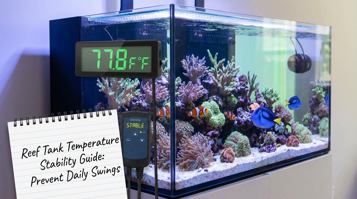 Reef aquarium with healthy corals and stable water temperature equipment