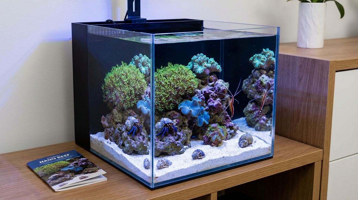 Mixed reef cleanup crew with snails and hermit crabs grazing algae in a small tank