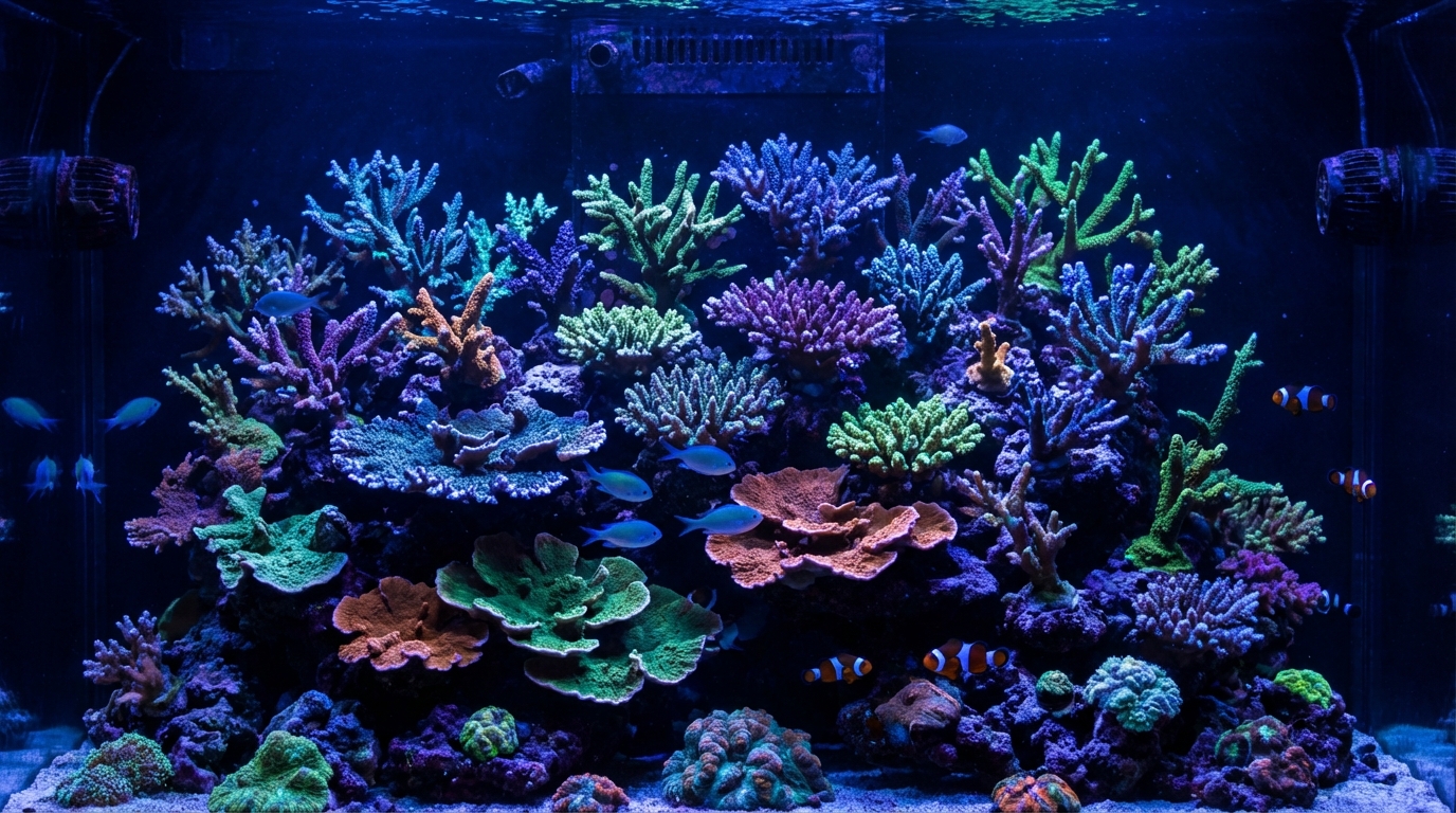 Healthy SPS coral reef aquarium showing vibrant acropora and montipora corals thriving with proper calcium and alkalinity levels