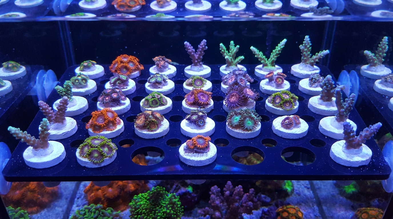 Colorful coral frags mounted on ceramic frag plugs in a reef aquarium fragging station