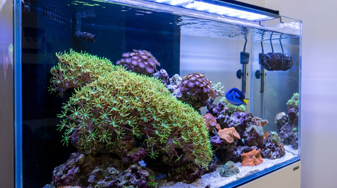 Green star polyps coral with bright fluorescent green polyps extending from purple encrusting mat in a reef aquarium