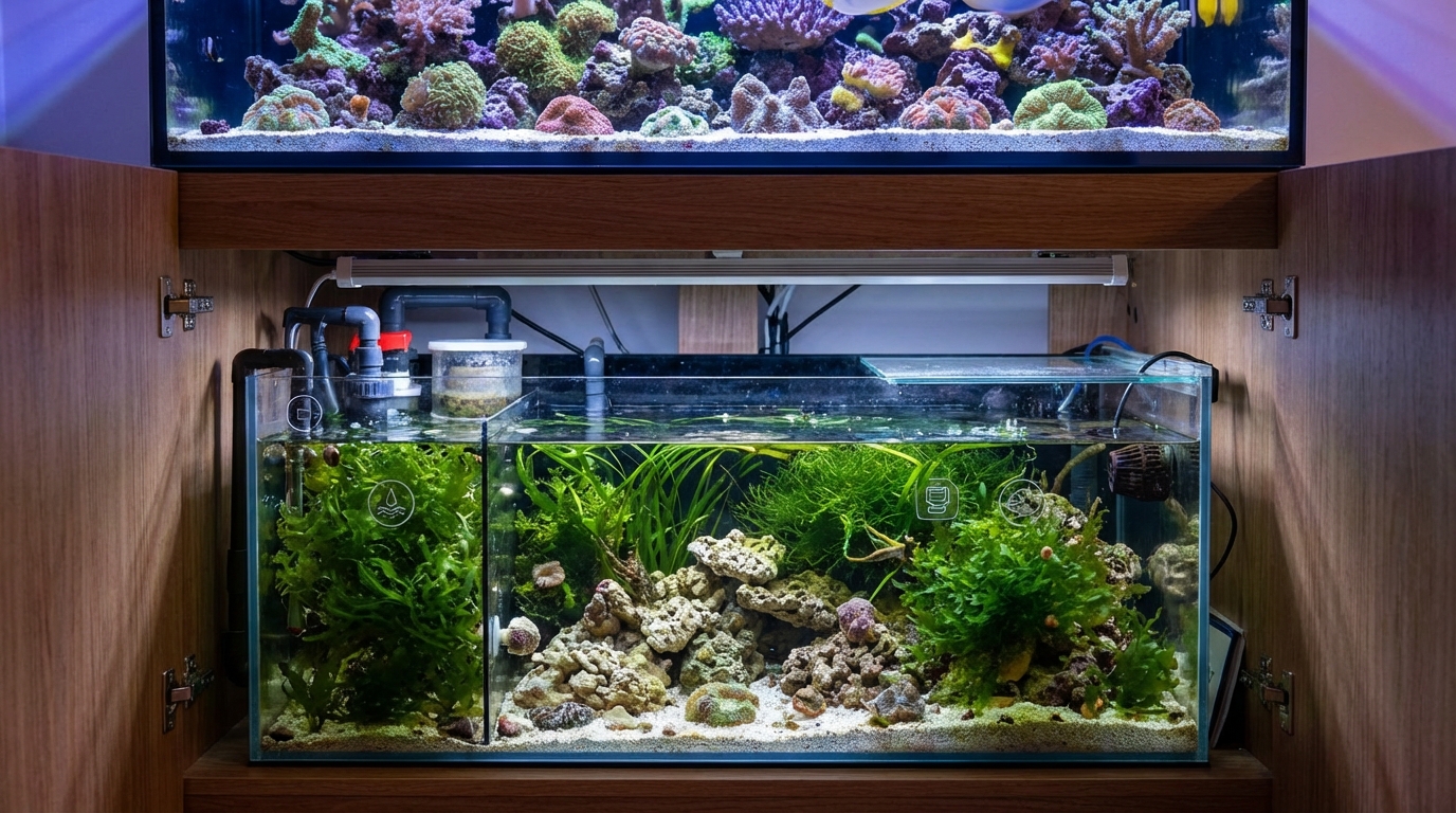 Refugium with chaetomorpha macroalgae under grow light in reef tank sump for natural filtration