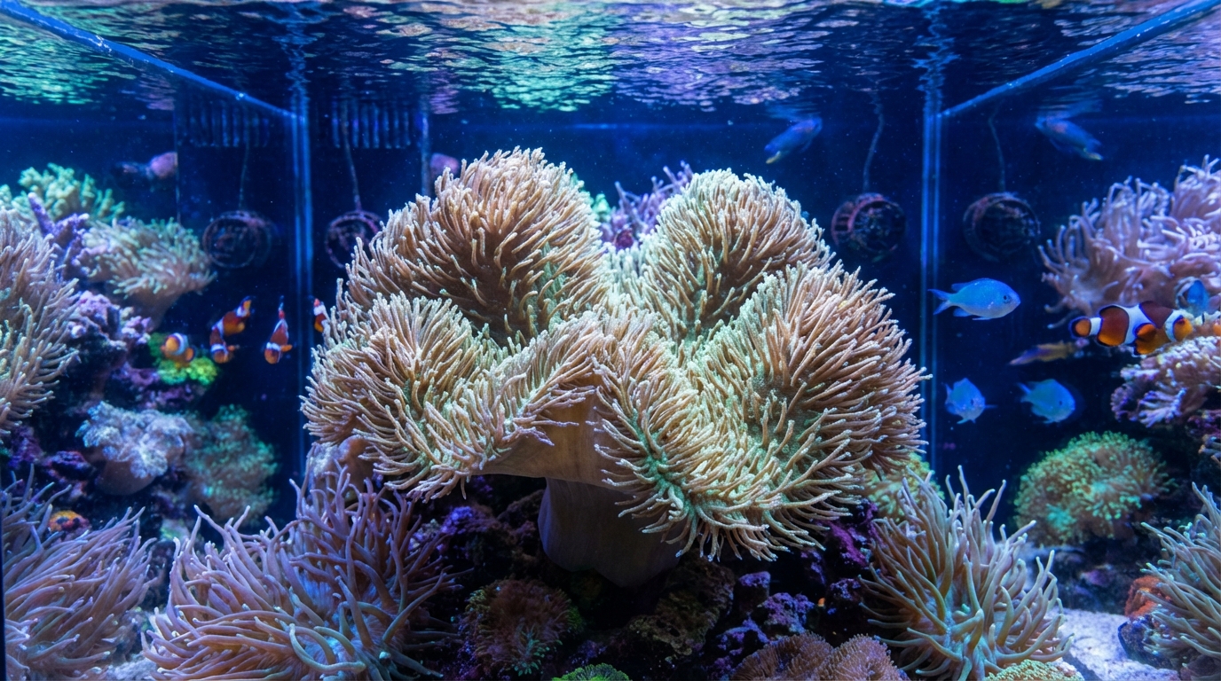 Toadstool leather coral with extended polyps in a reef aquarium under blue LED lighting