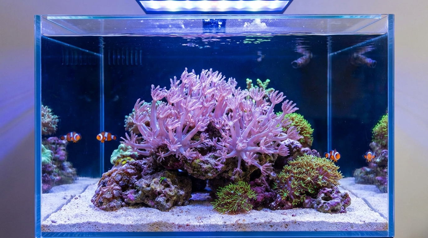 Pulsing xenia coral colony with feathery polyps in a reef aquarium