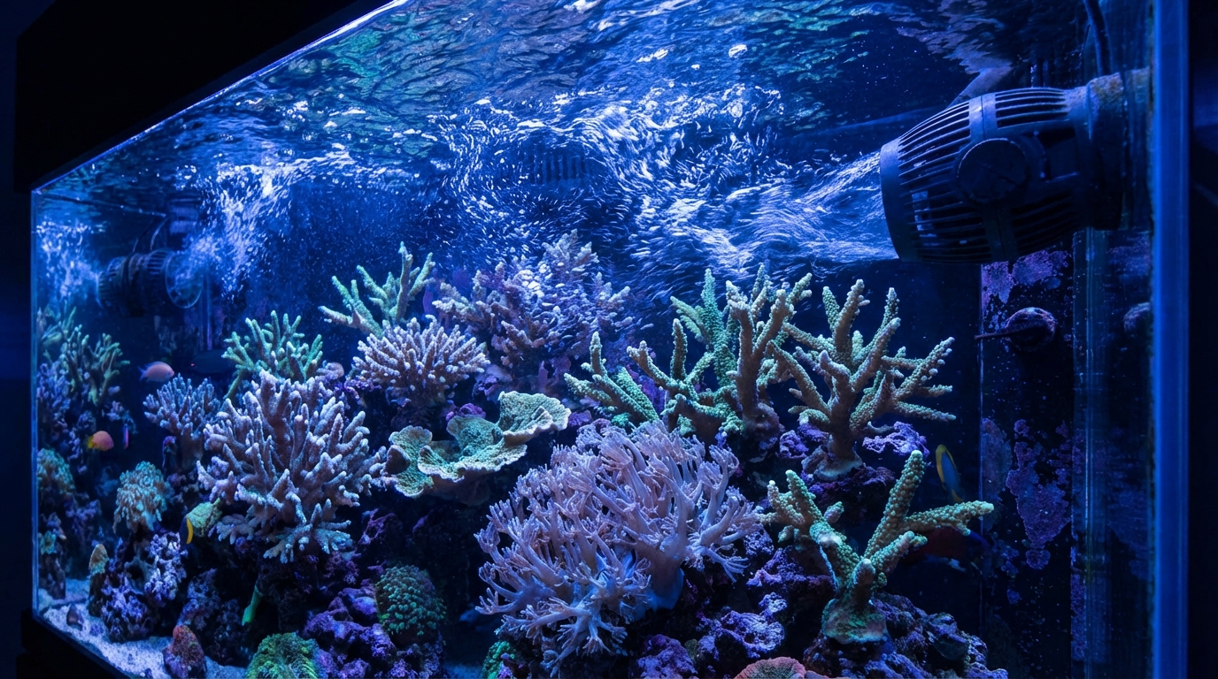Reef aquarium with SPS corals swaying in water flow from powerheads, blue LED lighting illuminating vibrant coral colors