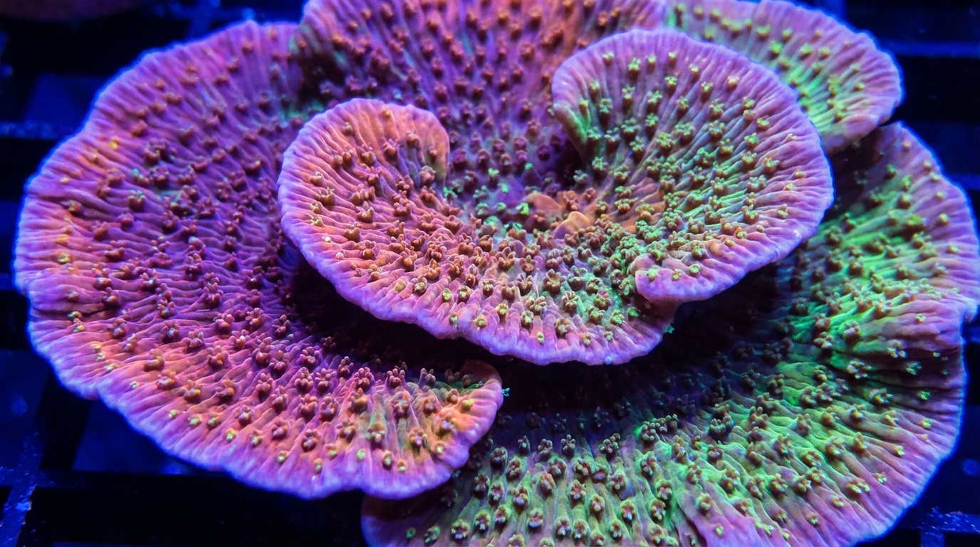 Colorful Montipora coral colony showing rainbow gradient colors in a reef aquarium under blue LED lighting