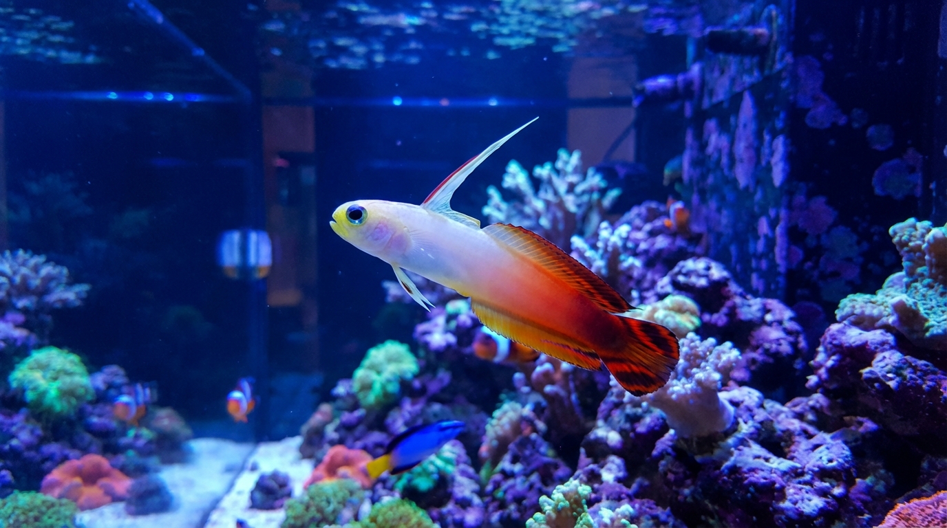 Firefish goby hovering in reef aquarium with extended dorsal spine showing white yellow body and red orange gradient tail