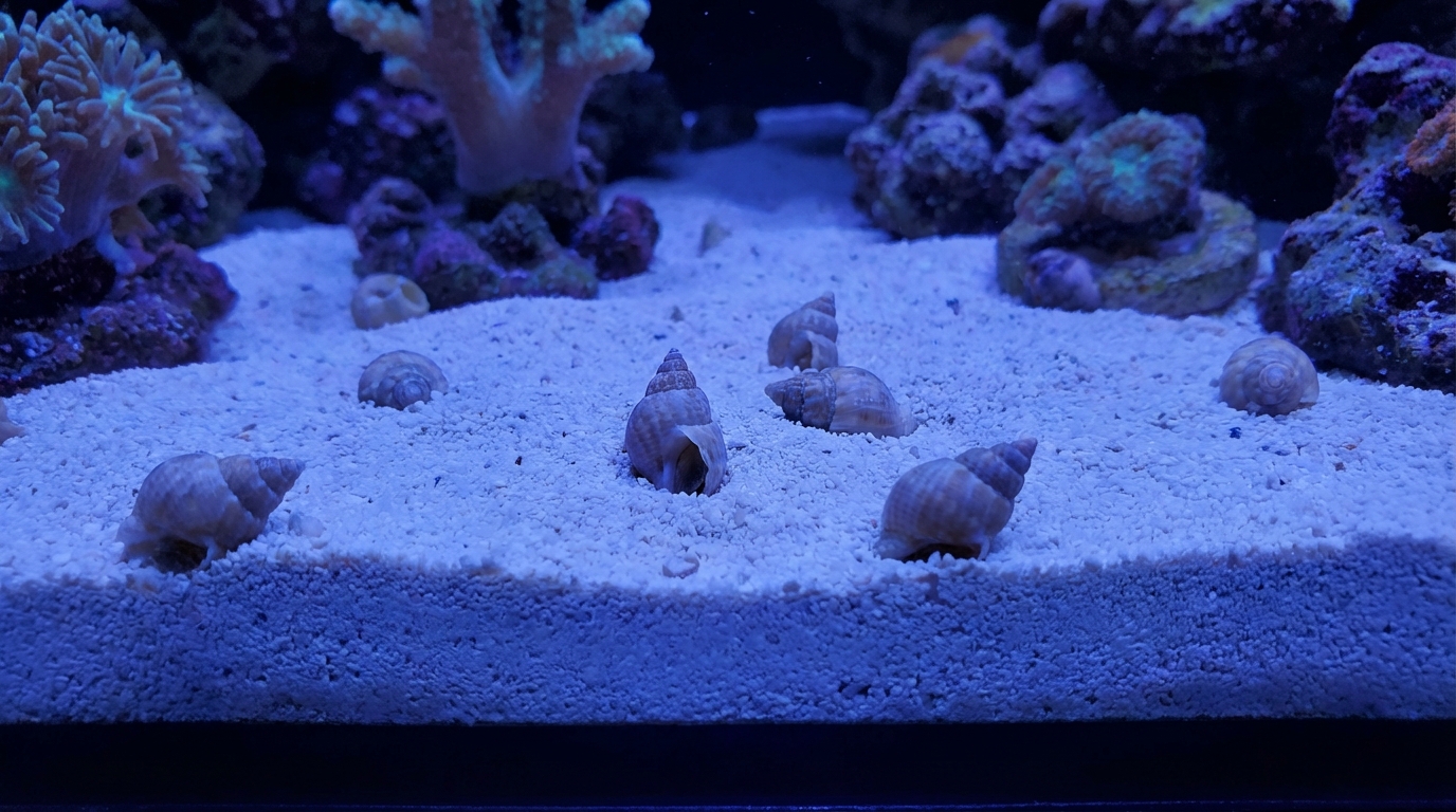 Nassarius snails emerging from sand bed in reef aquarium