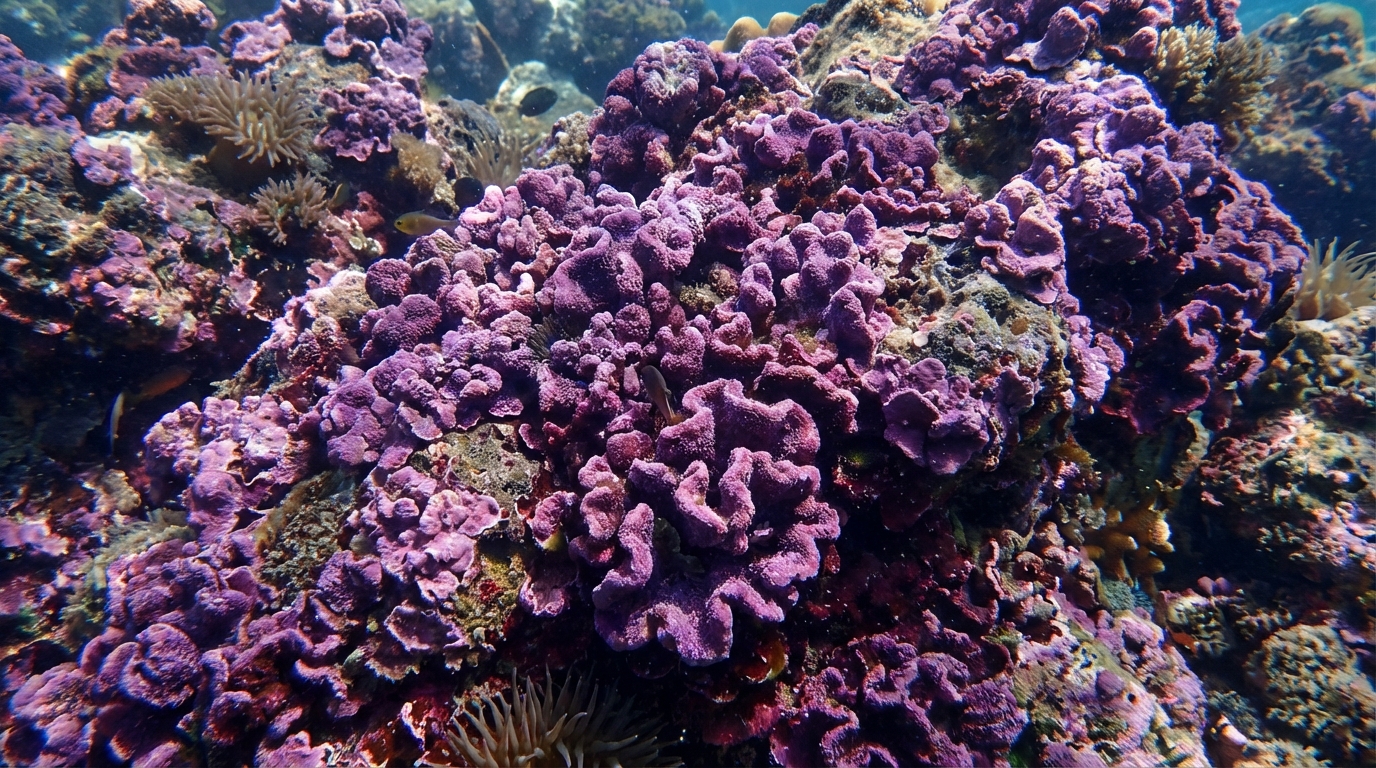 Purple coralline algae covering reef aquarium live rock