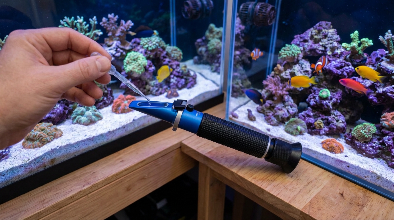Reef aquarist calibrating refractometer before testing salinity
