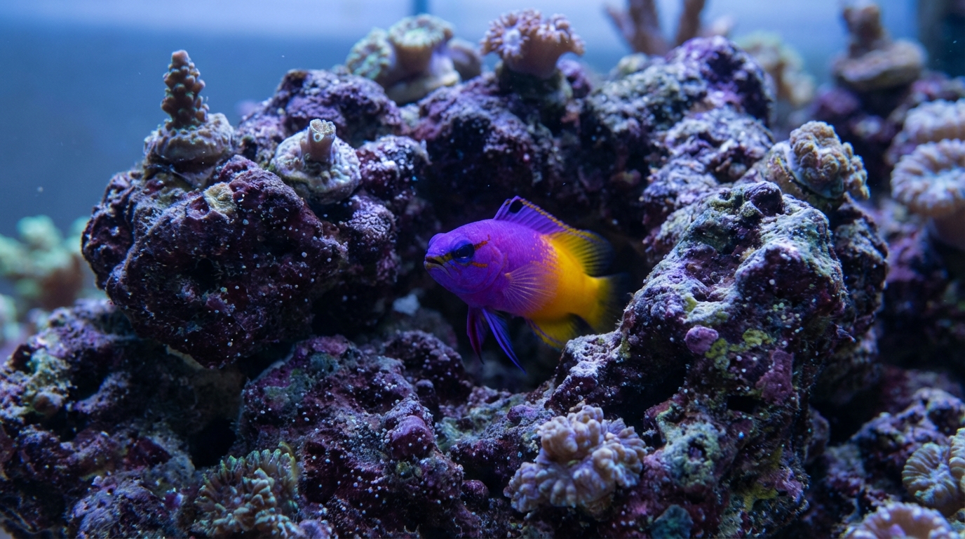 Royal Gramma fish emerging from a rock cave in a reef aquarium