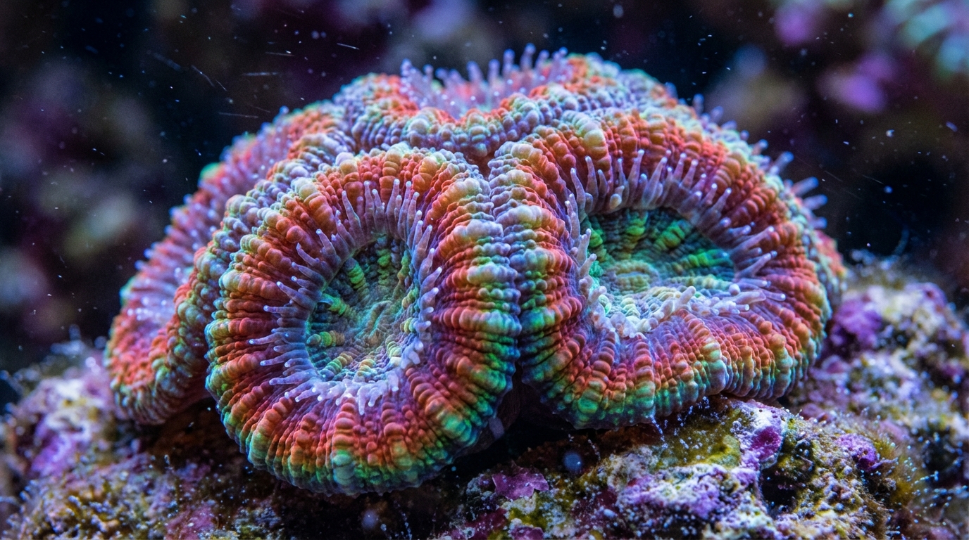 Colorful Acan coral colony with expanded fleshy polyps in reef aquarium