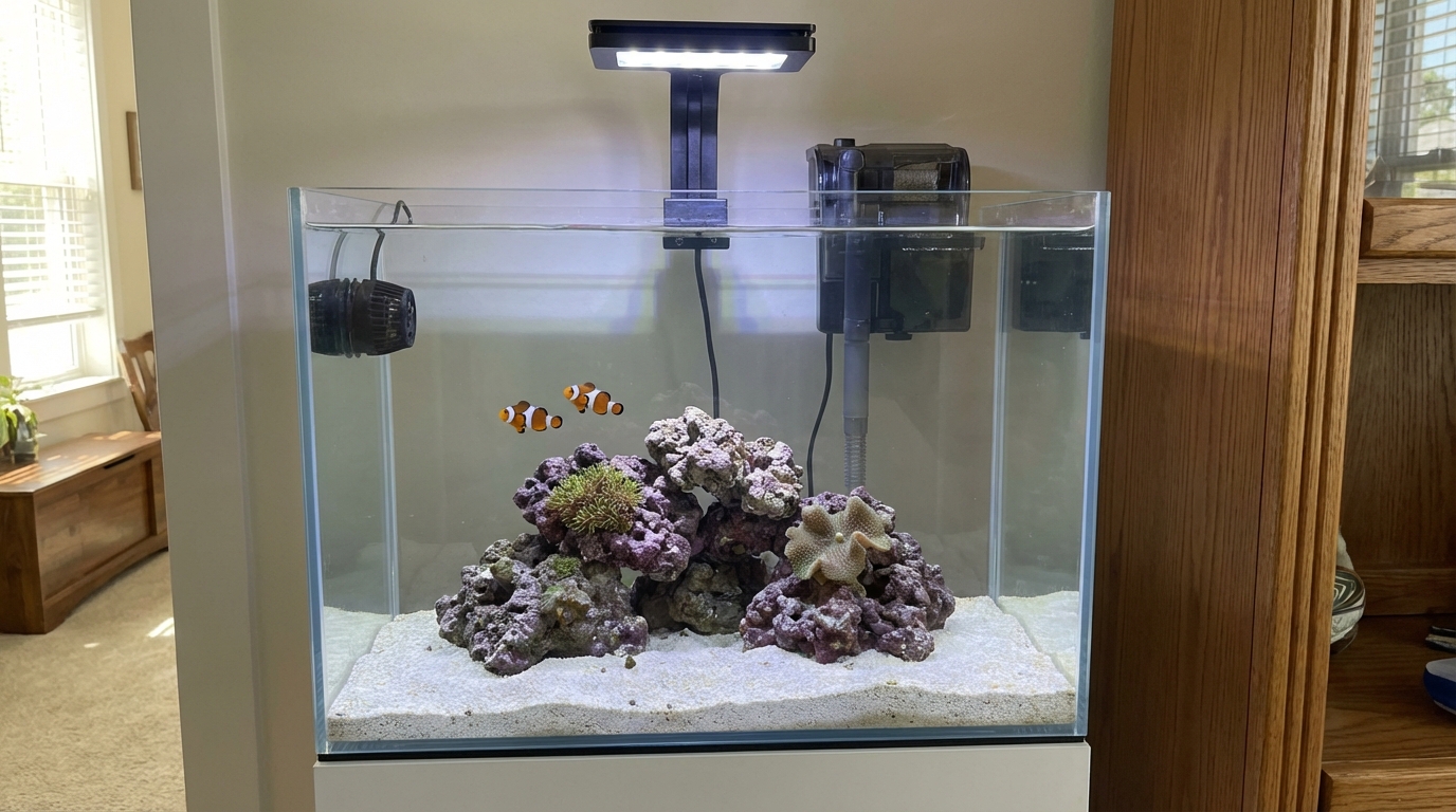 Beginner 15-gallon reef tank with two clownfish and easy starter corals