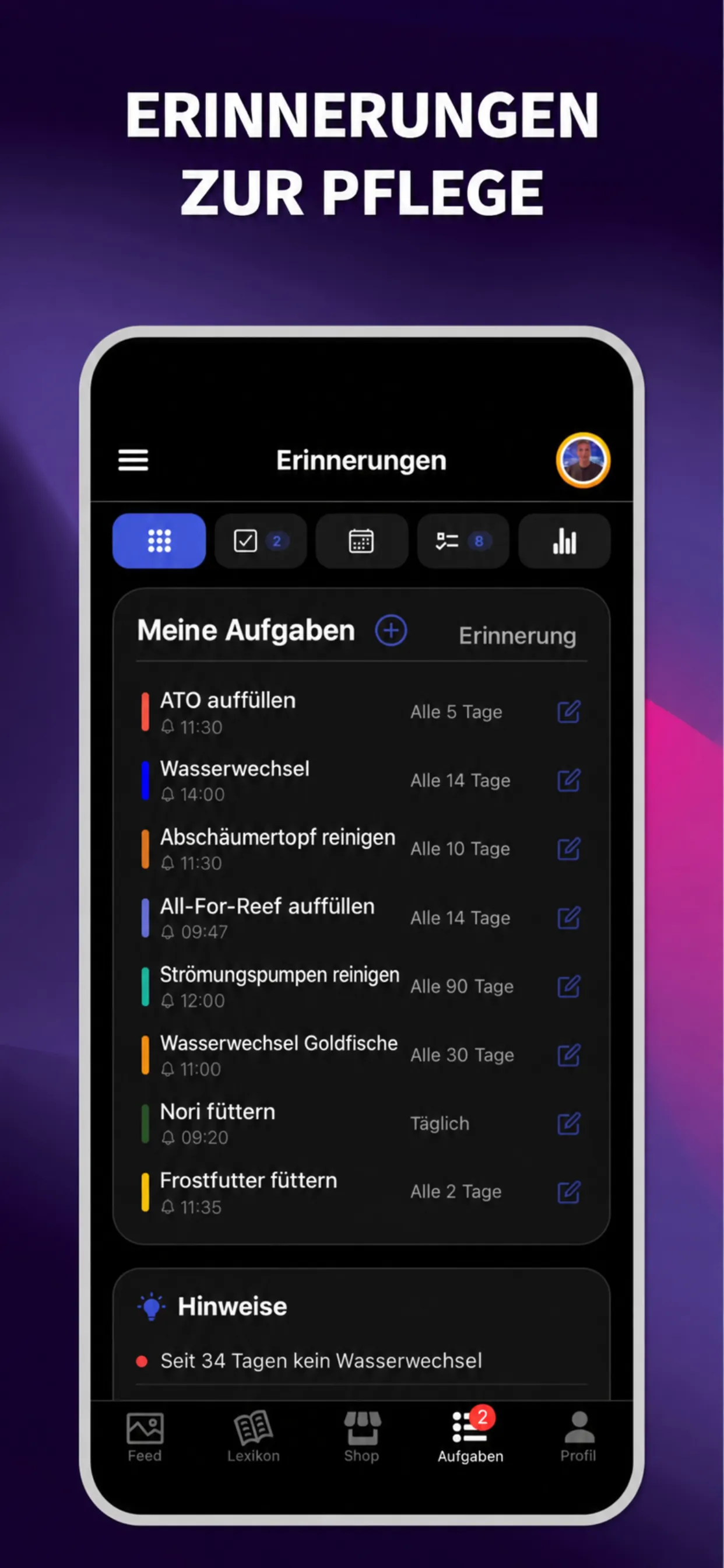 ReefBay App: Erinnerungen zur Pflege