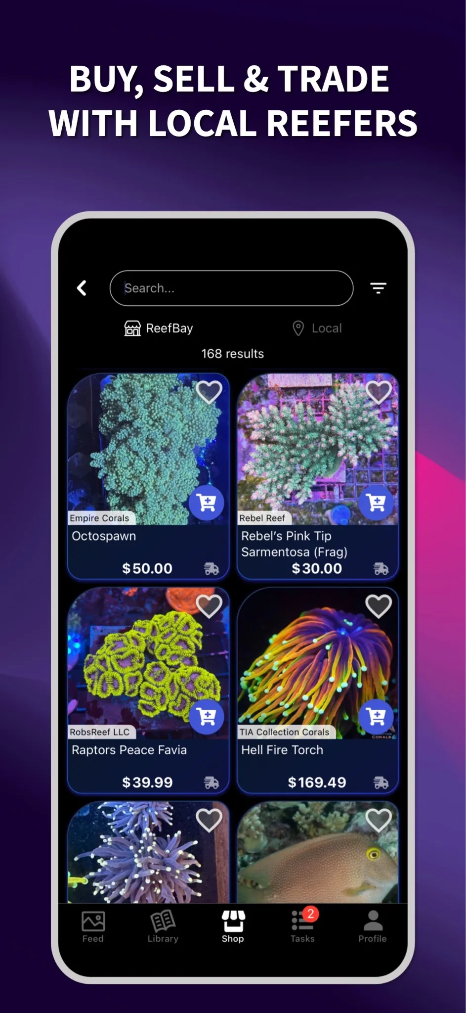 ReefBay app screen for buying, selling and trading with local reefers