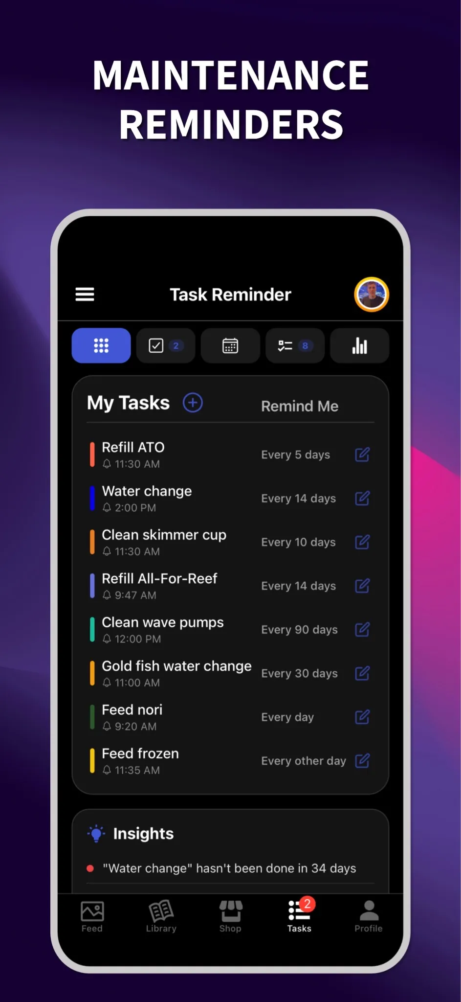 ReefBay app screen showing maintenance reminders