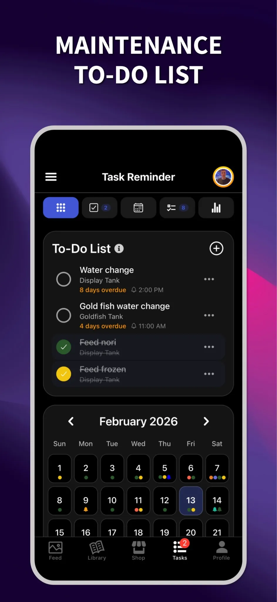 ReefBay app screen showing the maintenance to-do list