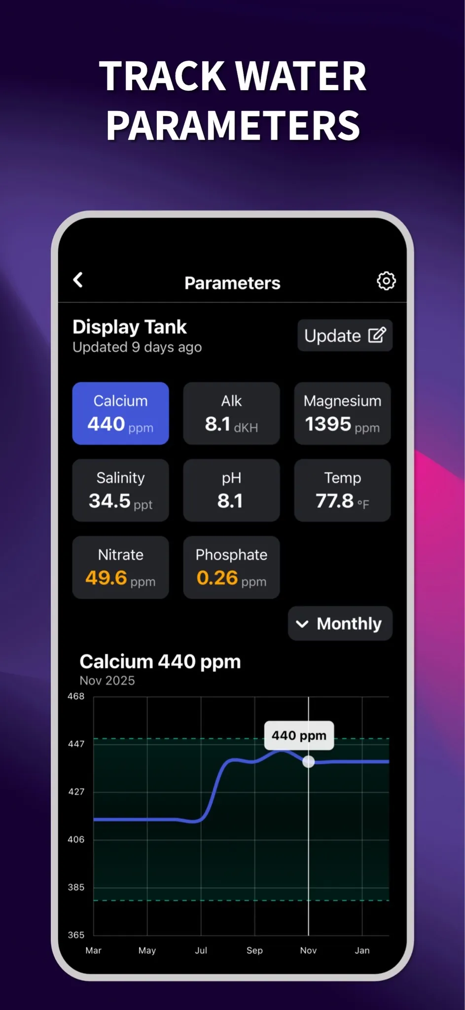ReefBay app screen tracking water parameters