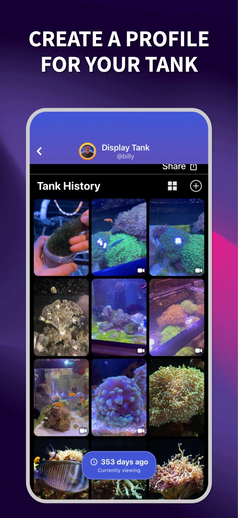 ReefBay app screen showing a reef tank profile