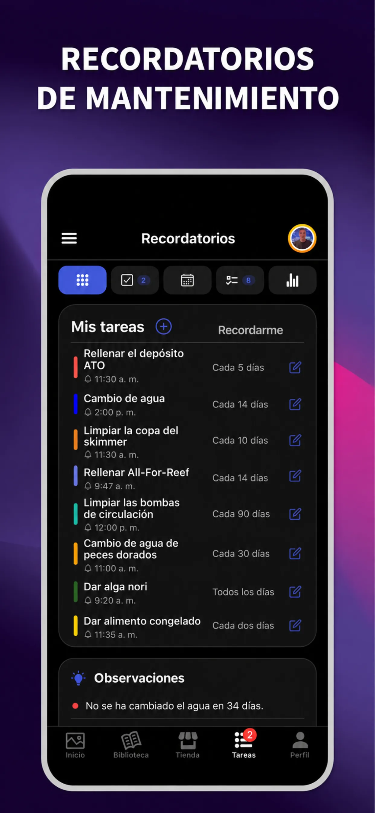 App ReefBay: recordatorios de mantenimiento