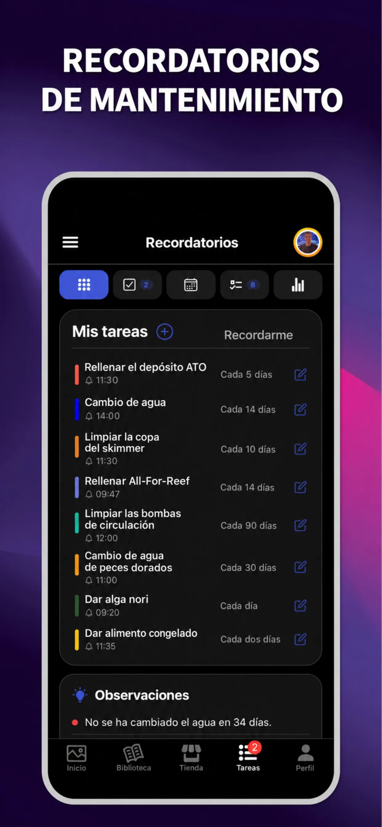 App ReefBay: recordatorios de mantenimiento