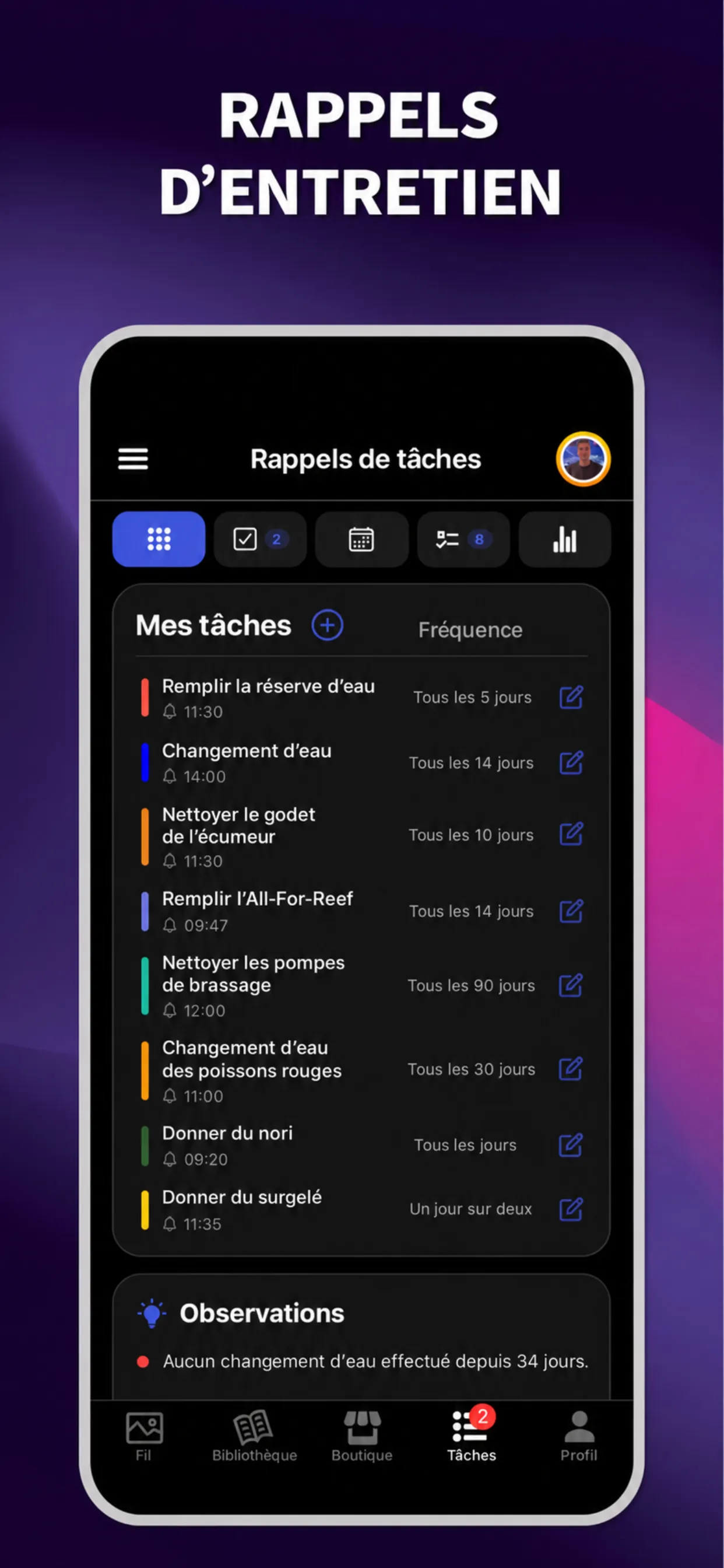 Application ReefBay : rappels d’entretien