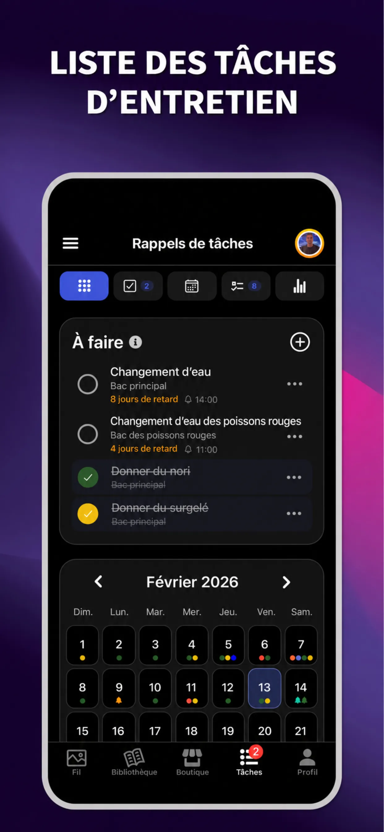 Application ReefBay : liste des tâches d’entretien