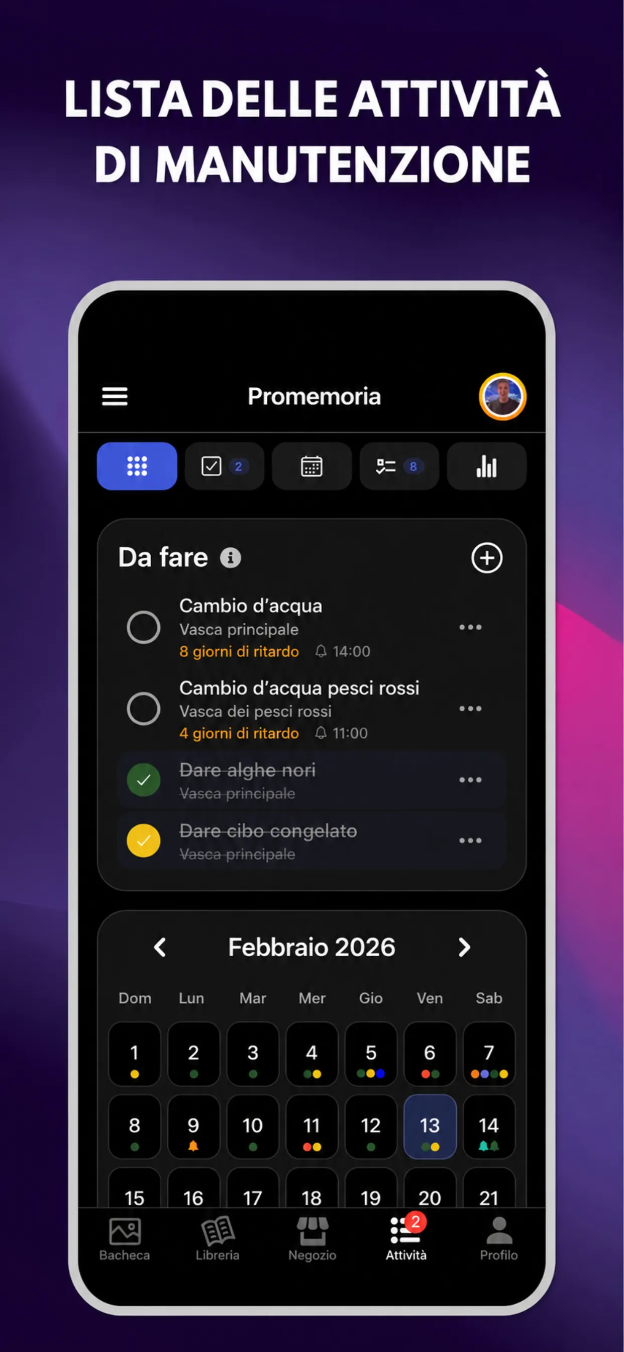 App ReefBay: lista delle attività di manutenzione