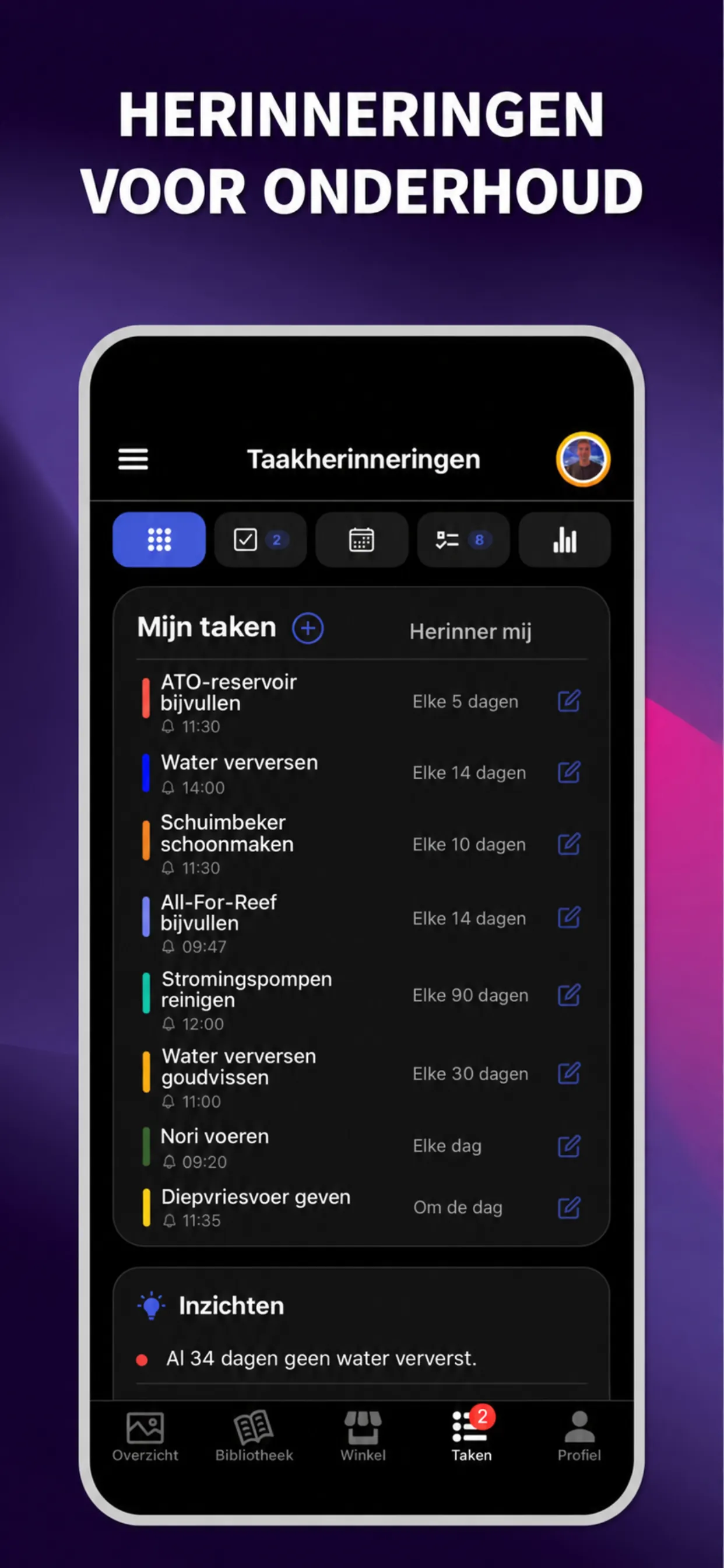 ReefBay-app: herinneringen voor onderhoud