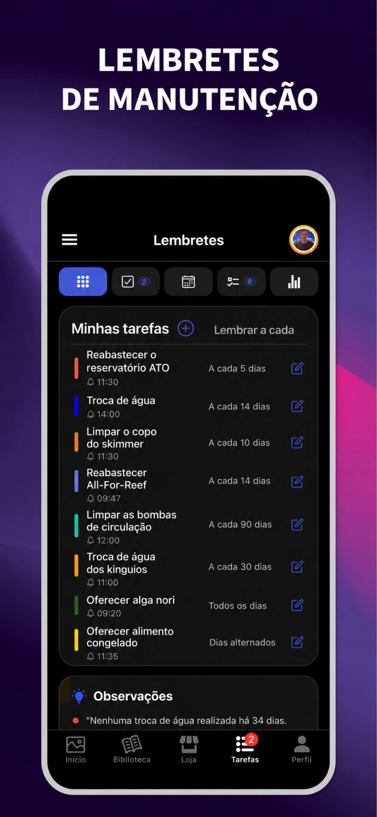 App ReefBay: lembretes de manutenção