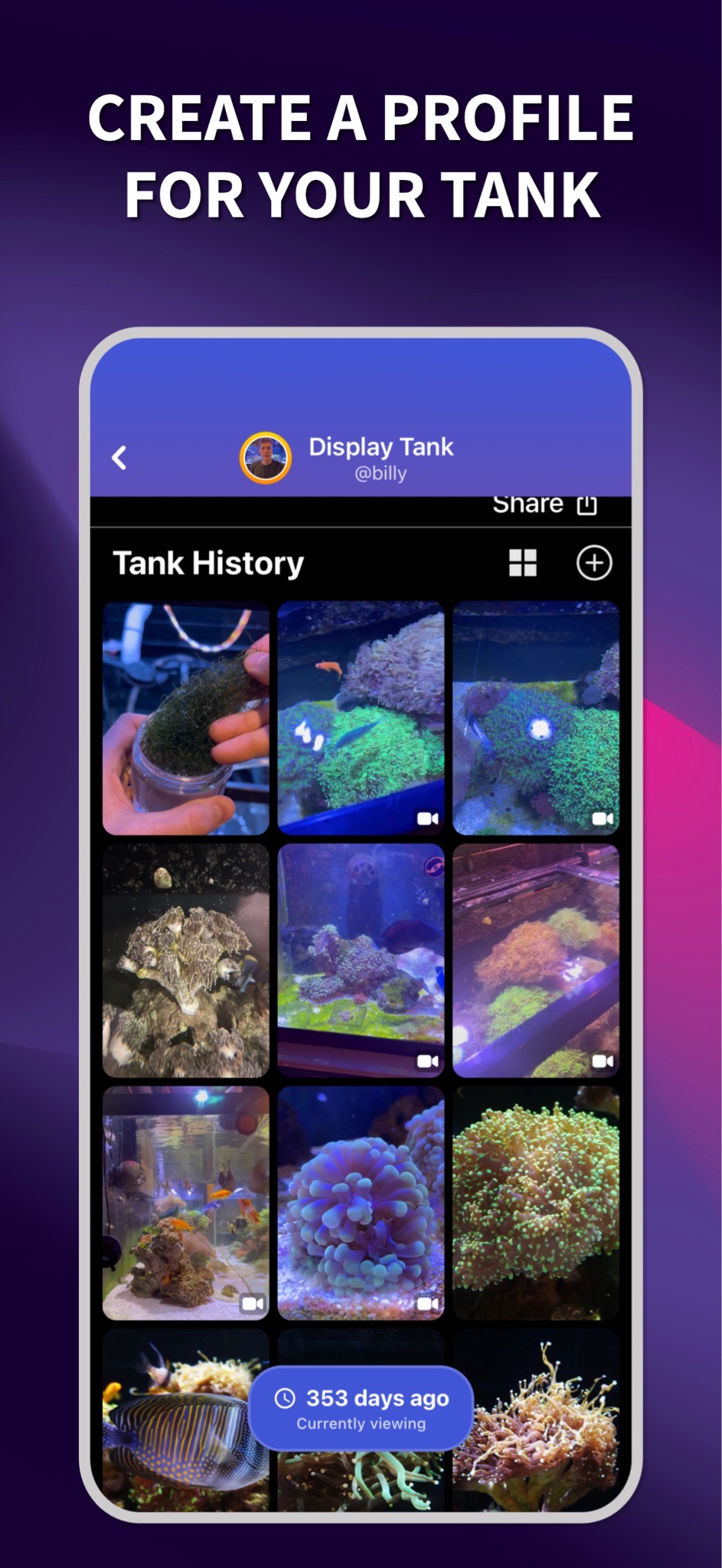 ReefBay app screen showing tank and marketplace features